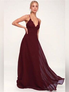 NWT Lulus "Madalyn" Burgundy Lace Maxi Prom Wedding Formal Dress XS